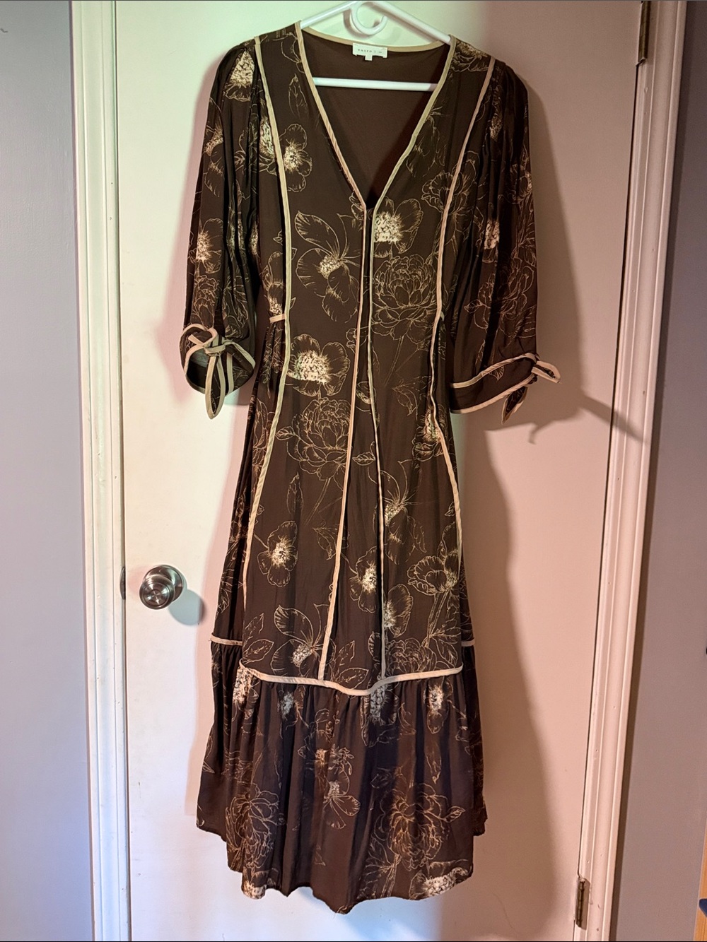 entro Brown Floral Maxi Dress with Cream Trim